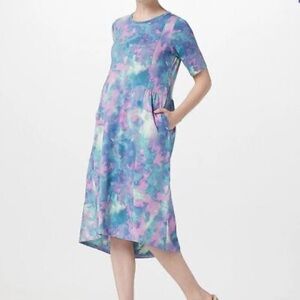 LOGO Lori Goldstein Tie Dye Stretch Knit Midi T-Shirt Dress Blue Purple Pockets